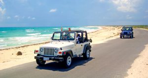 Jeeps en carretera junto a la playa