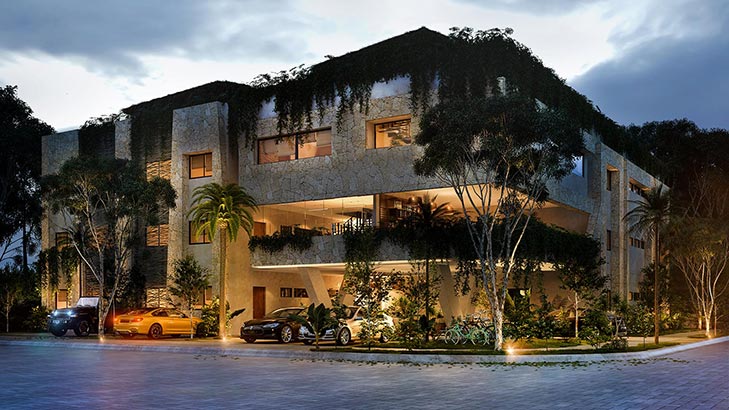 Exterior de noche condominio Tikal Tulum