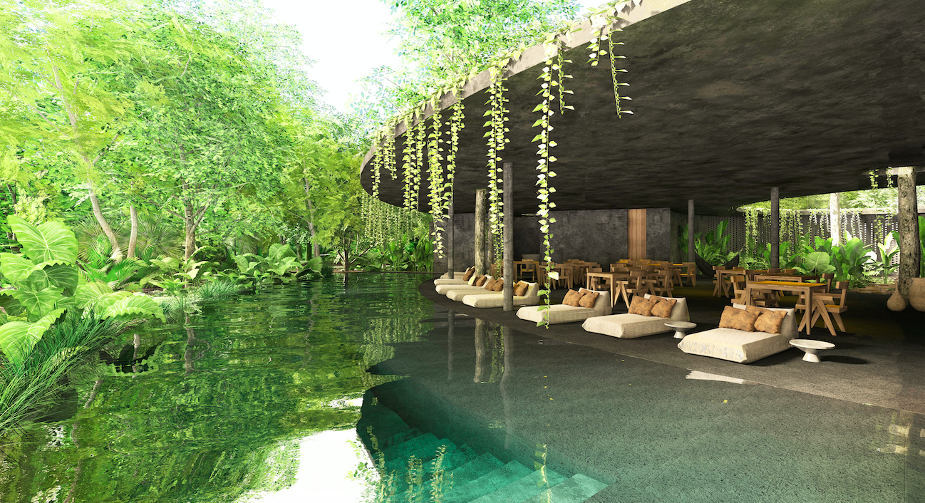 Piscina con camastros desarrollo Lúum Zama